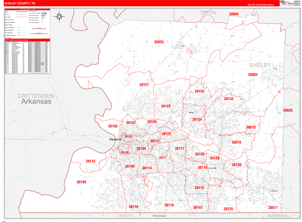Shelby County Tn Zip Code Wall Map Red Line Style By Marketmaps