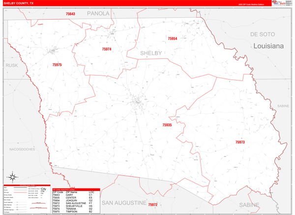 Shelby County, TX Zip Code Wall Map Red Line Style by MarketMAPS