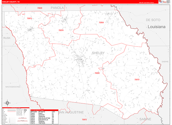 Shelby County, TX Zip Code Map