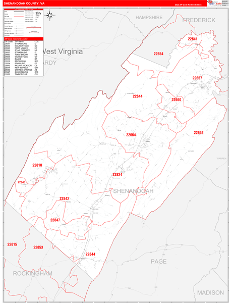 Shenandoah County, VA Wall Map Red Line Style