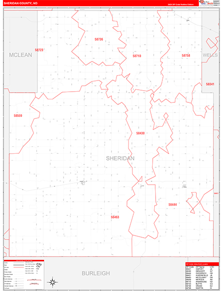 Sheridan County, ND Wall Map Red Line Style