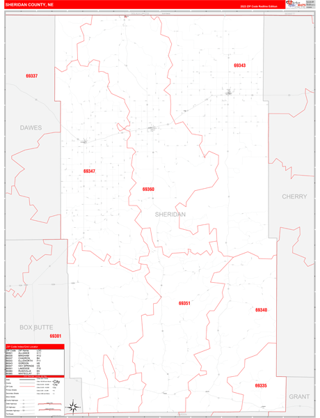 Sheridan County Wall Map Red Line Style