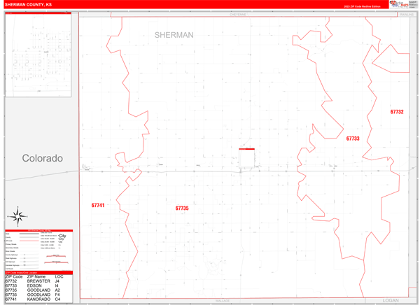 Sherman County, KS Wall Map Red Line Style