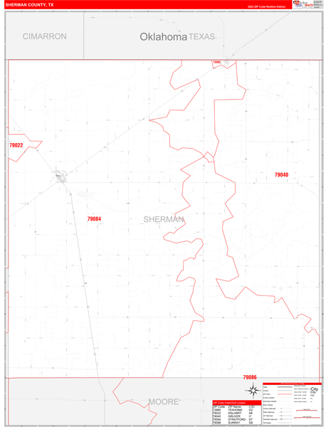 Sherman County TX Zip Code Wall Map Red Line Style by MarketMAPS 