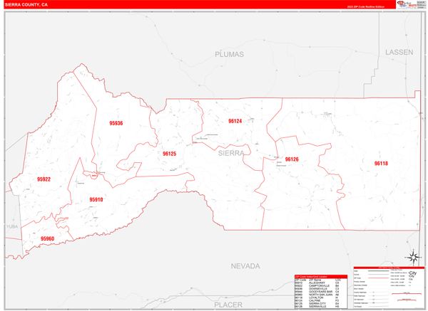 Sierra County Wall Map Red Line Style