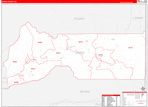 Sierra County, CA Map Red Line Style