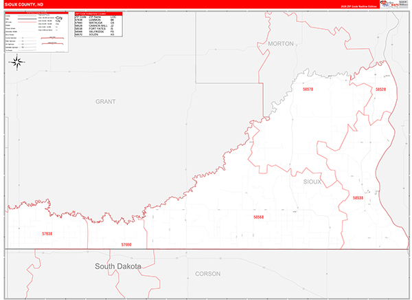 Sioux County, ND Wall Map Red Line Style