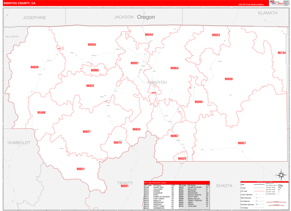 Siskiyou County Ca Zip Code Wall Map Red Line Style By Marketmaps