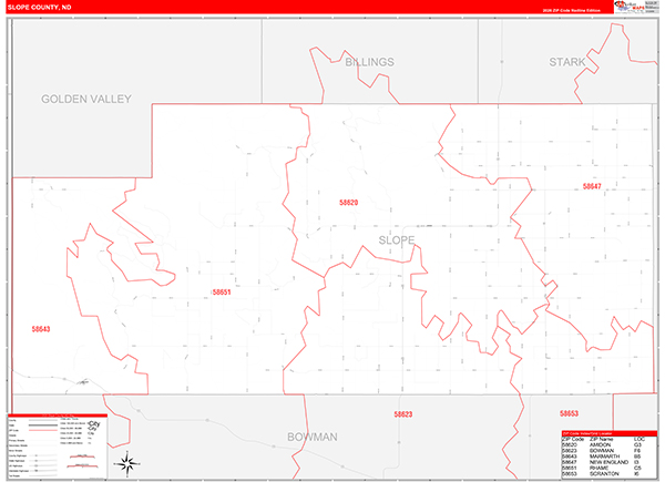 Slope County, ND Wall Map Red Line Style
