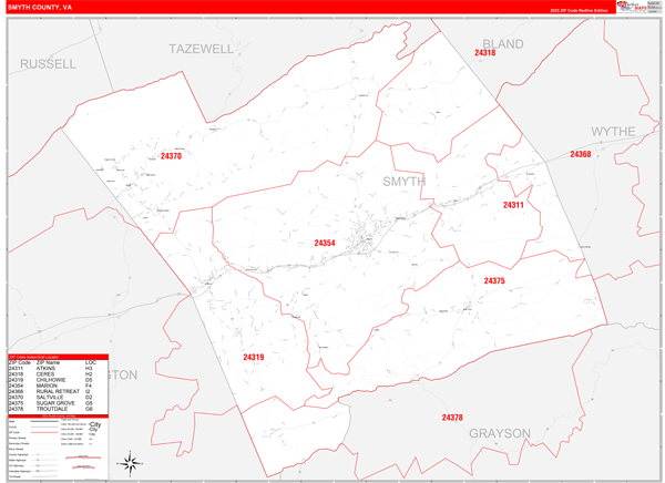 Smyth County, VA Zip Code Wall Map Red Line Style by MarketMAPS - MapSales