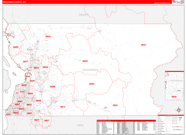 Snohomish County, WA Zip Code Wall Map Red Line Style by MarketMAPS