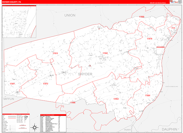 Snyder County, PA Wall Map Red Line Style