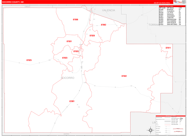 Socorro County Wall Map Red Line Style