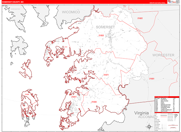 Somerset County, MD Zip Code Wall Map