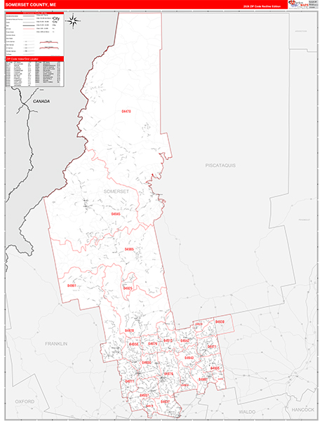Somerset County, ME Wall Map Red Line Style