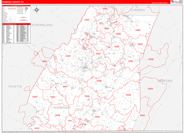 Somerset County, PA Wall Map Red Line Style