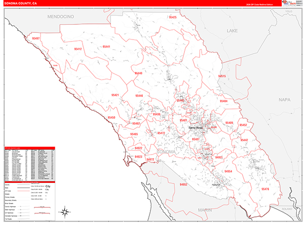 Sonoma County, CA Map Red Line Style