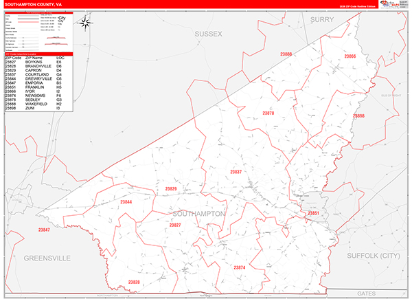Southampton County, VA Zip Code Map