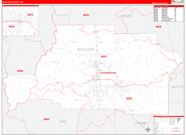 Spalding County, GA Zip Code Wall Map Red Line Style by MarketMAPS