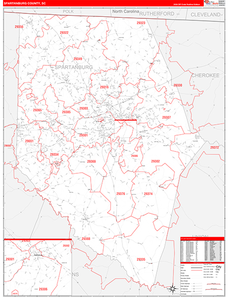 Spartanburg County, SC Zip Code Wall Map
