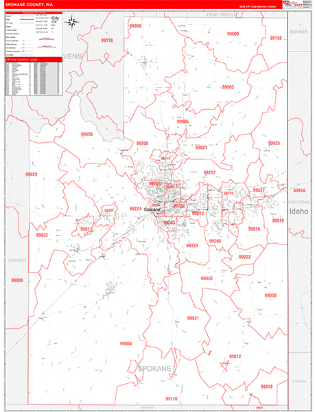 Spokane County, WA Wall Map Red Line Style