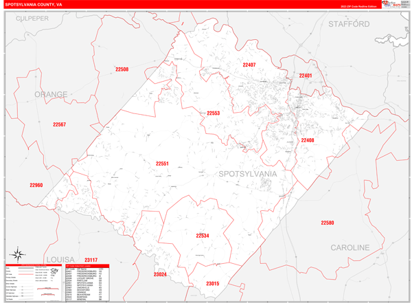 Spotsylvania County Wall Map Red Line Style