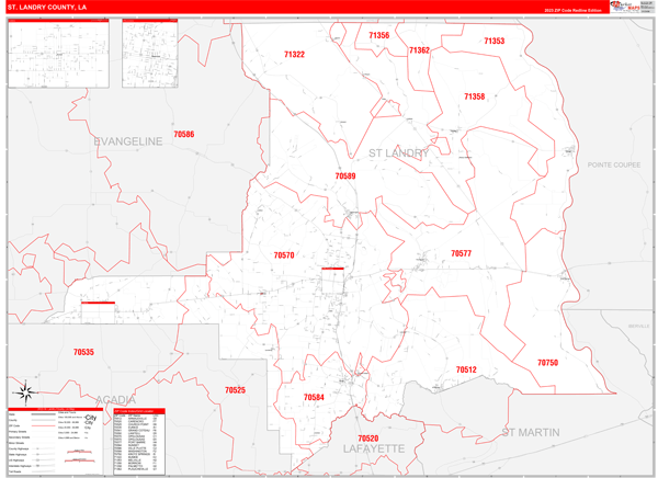 St. Landry County, LA Zip Code Wall Map Red Line Style by MarketMAPS ...