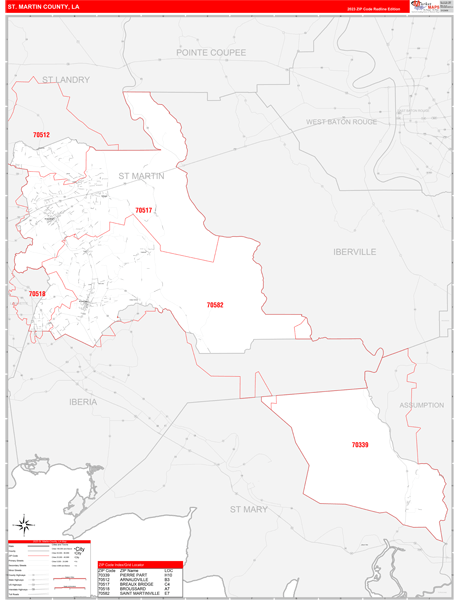St. Martin County, LA Zip Code Wall Map Red Line Style by MarketMAPS ...