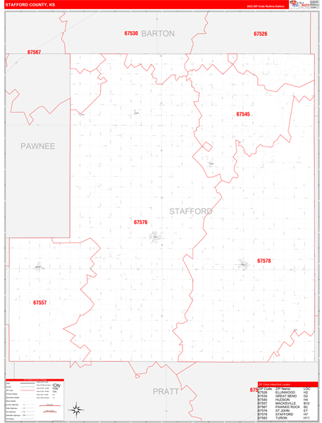 Stafford County, KS Wall Map Red Line Style