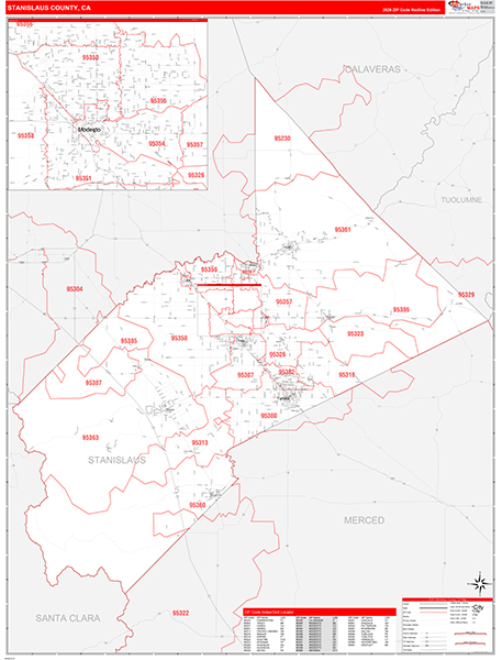 Stanislaus County, CA Map Red Line Style