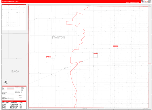Stanton County, KS Wall Map Red Line Style