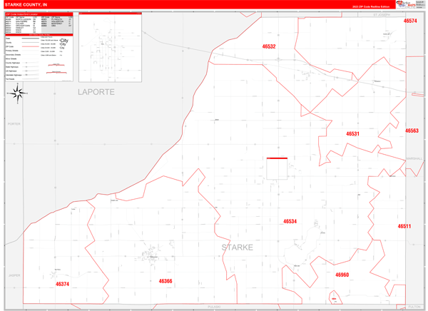 Starke County, IN Wall Map Red Line Style