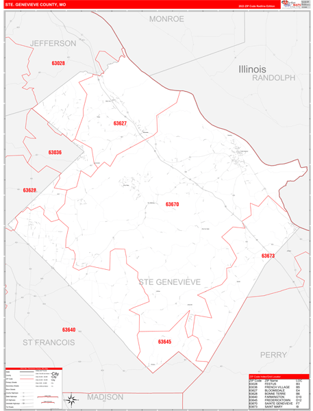 Ste. Genevieve County, MO Zip Code Wall Map Red Line Style by ...