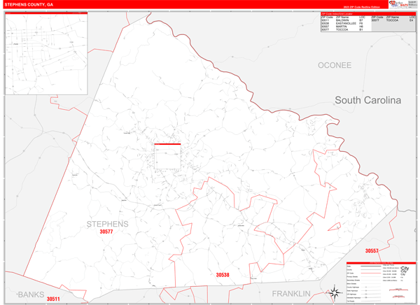 Stephens County, GA Zip Code Wall Map Red Line Style by MarketMAPS
