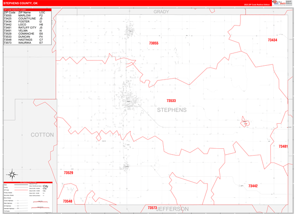 Stephens County, OK Wall Map Red Line Style