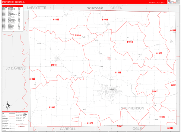 Stephenson County, IL Wall Map Red Line Style