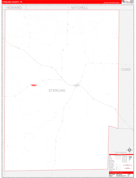Sterling County, TX Wall Map Red Line Style