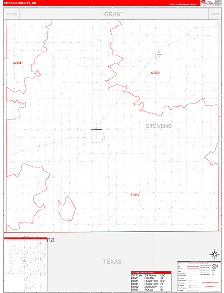 Stevens County, KS Zip Code Wall Map