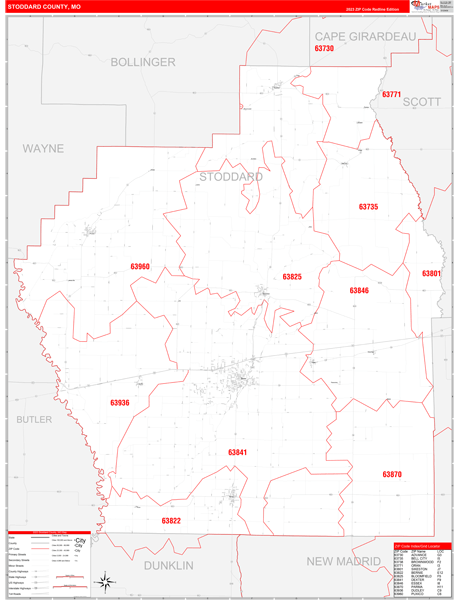 Stoddard County, MO Wall Map Red Line Style