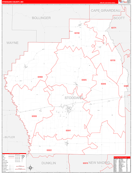 Stoddard County, MO Map Red Line Style