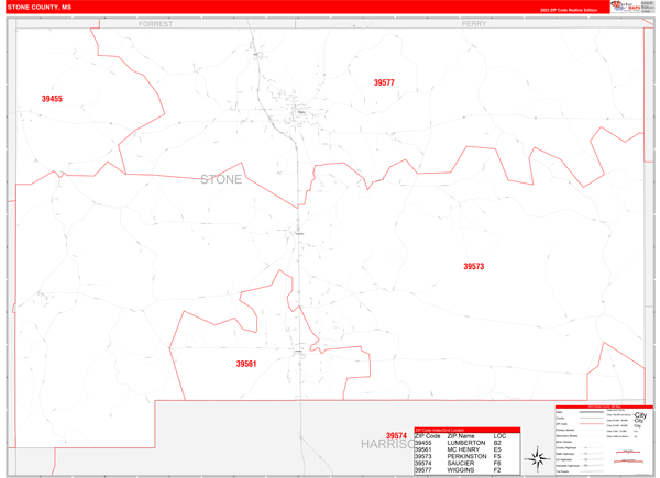 Stone County, MS Zip Code Wall Map