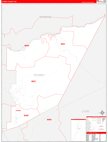 Storey County Wall Map Red Line Style