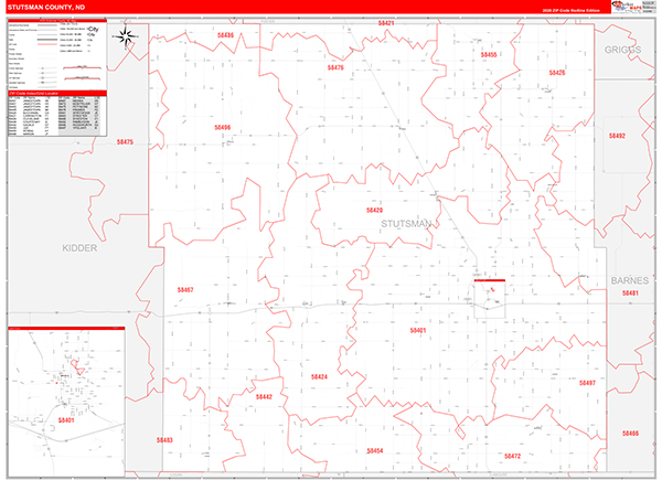 Stutsman County, ND Wall Map Red Line Style