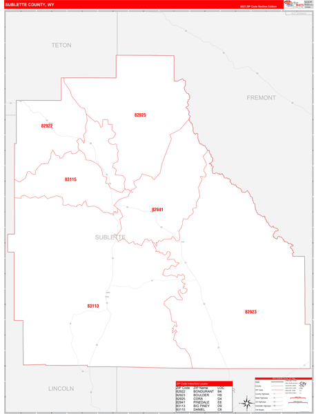 Sublette County, WY Wall Map Red Line Style