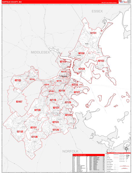 Suffolk County, MA Carrier Route Wall Map