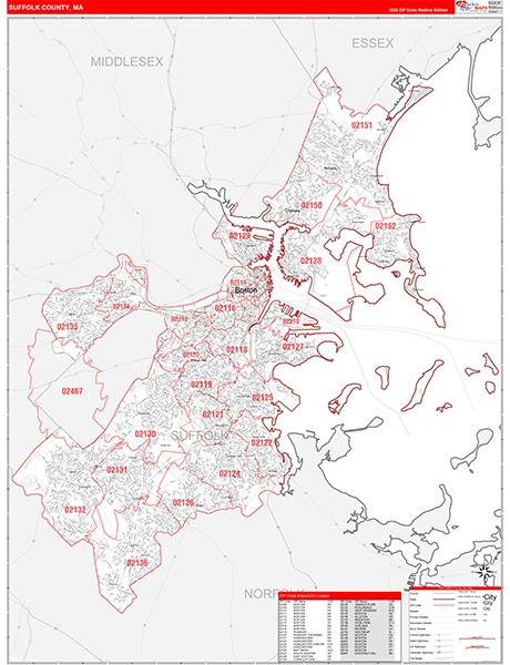 Suffolk County, MA Wall Map Red Line Style