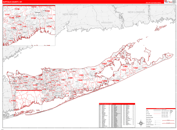 Suffolk County Zip Code Map Suffolk County, NY Zip Code Wall Map Red Line Style by MarketMAPS