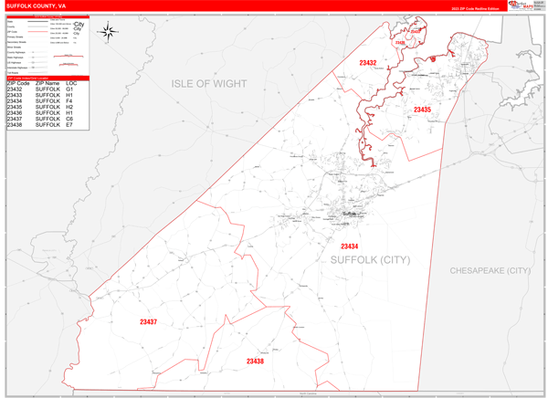 suffolk va zip code map Suffolk County Va Zip Code Wall Map Red Line Style By Marketmaps suffolk va zip code map