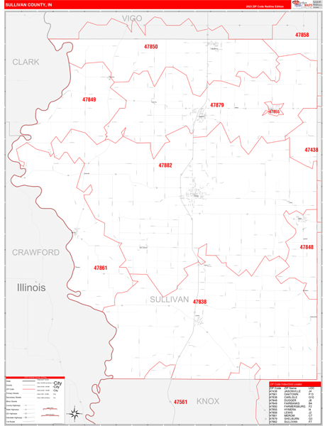Sullivan County, IN Map Red Line Style