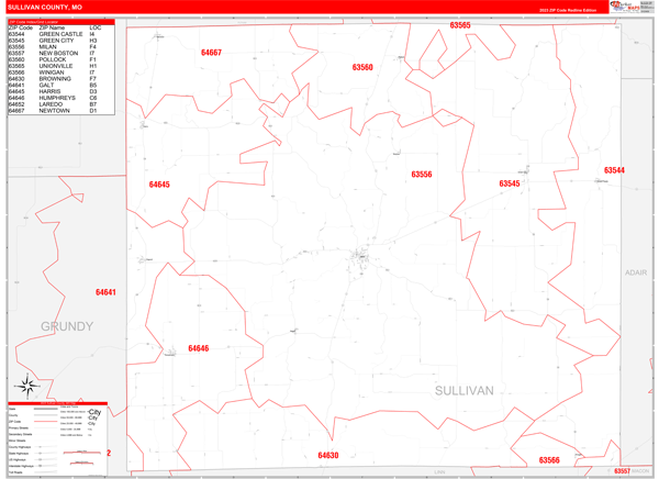 Sullivan County Wall Map Red Line Style